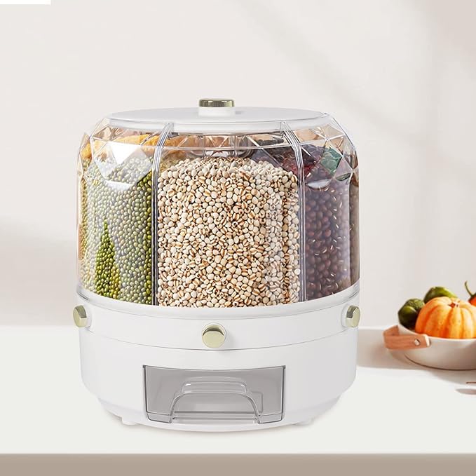 360° Rotating Grain Dispenser, Countertop 6 Compartment Dry Food Storage Containers Rice Storage Container Kitchen Airtight Food Storage Kitchen Countertop Organizer for Small Grains Beans