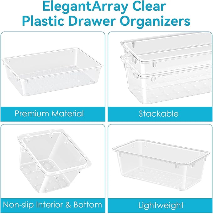 ElegantArray 12 PCS Drawer Organizer Set, 4 Sizes Tool Storage Trays, Clear Plastic Makeup Vanity Organizer and Storage Bins for Makeup, Stationeries, Multiple Gadgets for Bathroom, Office, Bedroom