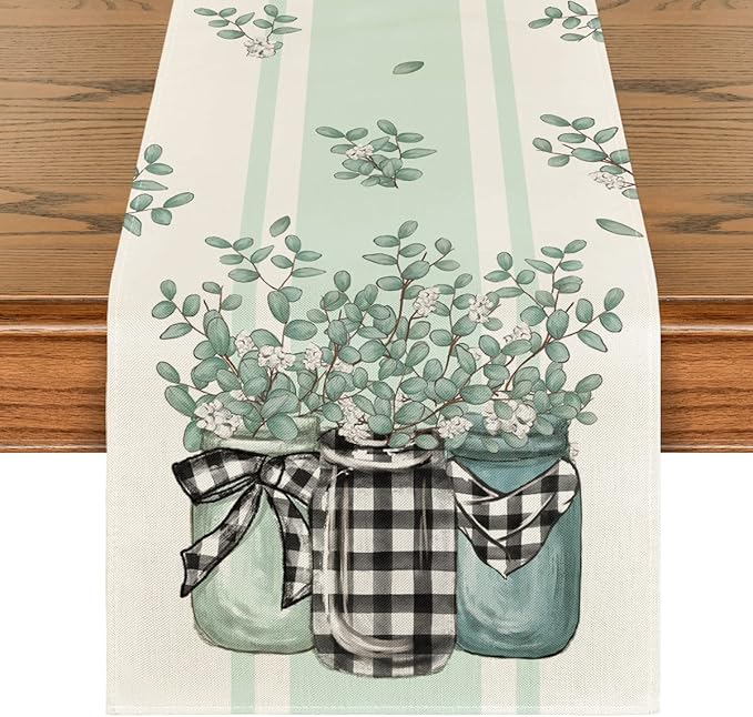 Artoid Mode Buffalo Plaid Eucalyptus Vases Summer Table Runner, Spring Kitchen Dining Table Decoration for Home Party Decor 13x72 Inch