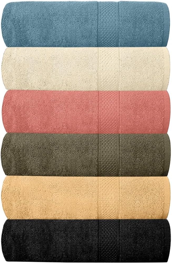 QUBA LINEN Hotel & Spa 100% Cotton Bath Towels Pack of 6, Ultra Soft, Quick Dry, Lightweight, Highly Absorbent, Perfect for Shower, Spa, Gym, Pool, Hotel, Resort & Daily Use (Multi-Color - 24" x 48")