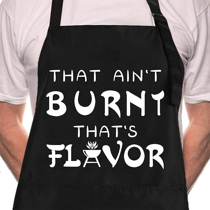 Rosoz Funny BBQ Black Chef Aprons for Men, That Ain't Burnt That's Flavor, Adjustable Kitchen Cooking Aprons with Pocket Waterproof Oil Proof Valentine's Day/Birthday