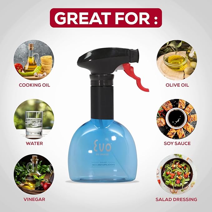 Evo Mini Oil Sprayers, Non-Aerosol for Olive Oil, Cooking Oils, and Vinegars, Blue, 8-Ounce Capacity, Set of 2