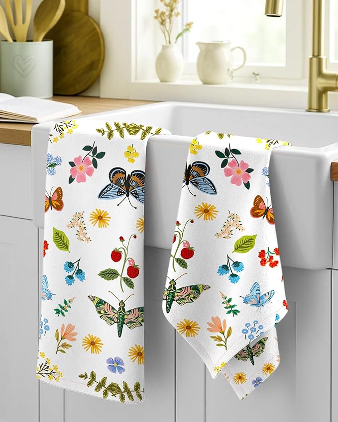 Miss Adola Flour Sack Kitchen Towels Set of 2-18x26 Cotton Dish Towels with Hanging Loop Reusable Tea Towel for Cleaning Spring Absorbent Dishcloths Cute Home Decor Housewarming, Butterfly Garden