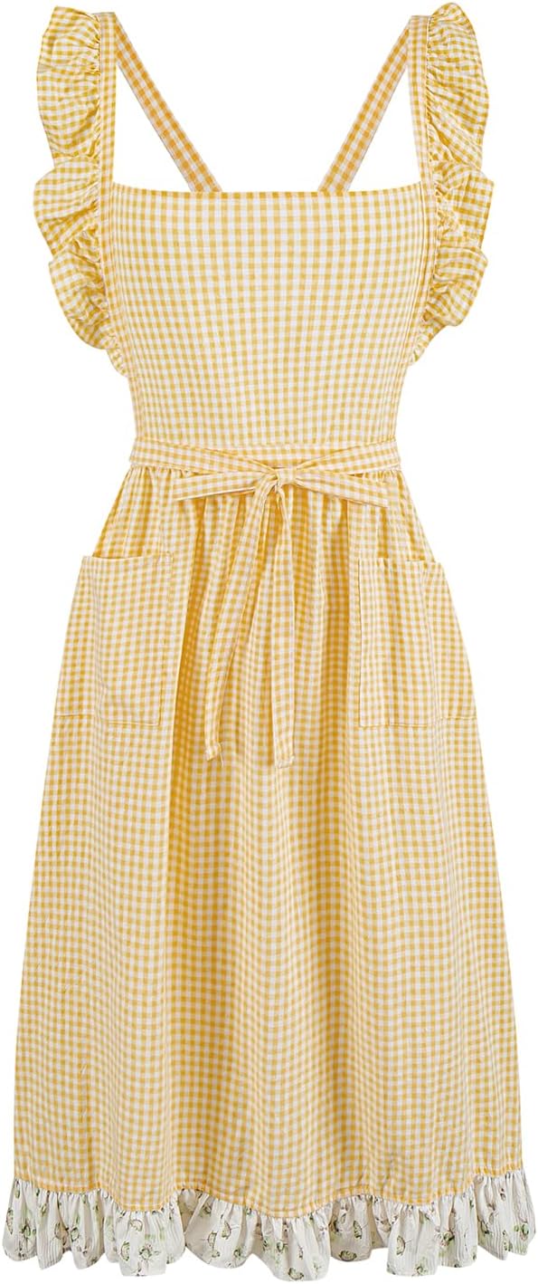 Vintage Gingham Apron for Women, Ruffle Straps, 2 Pockets, Soft Cotton, Apron Dress Style for Cooking & Baking