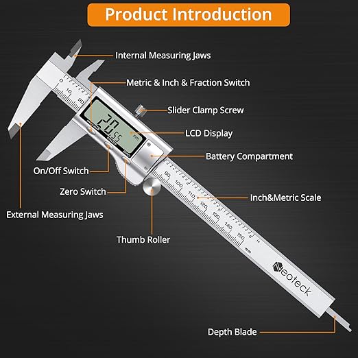 Neoteck 6 inch Digital Caliper and Feeler Gauge Set Stainless Steel LCD Display Digital Caliper Measuring Tool with Fraction/Inch/MM Conversion Used for Inside,Outside Diameter,Depth,Step Measurement