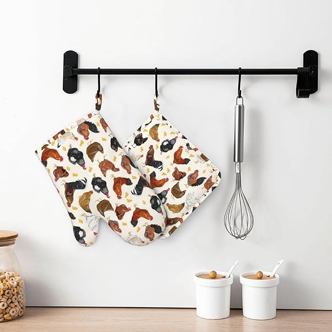 Rooster Hen Oven Mitts and Pot Holders Sets Silicone Rustic Domestic Animal Chicken Kitchen Mitts Potholders Heat Resistant 4Pcs Oven Gloves Hot Pads for Kitchen Baking Cooking BBQ Grilling
