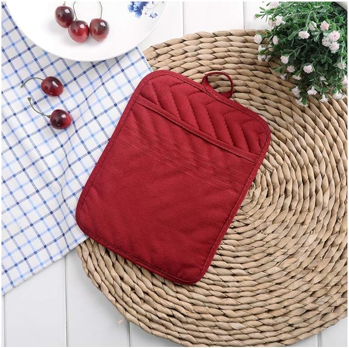 Anyi Pot Holders for Kitchen Heat Resistant, Cotton Hot Pads for Counter Table, Red Kitchen Pot Holders with Pocket