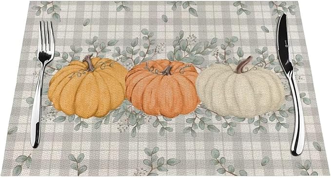 Fall Pumpkin Placemats 12x18 Set of 4, Orange White Pumpkin Buffalo Plaid Table Place Mat Autumn Watercolor Harvest Washable Table Mats Decorative Linen Fabric Table Mat for Dining Table