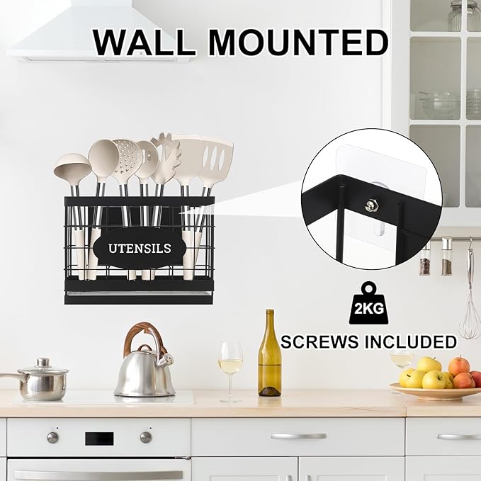 Magnetic Utensil Holder for Fridge Large Silverware Organizer Kitchen Utensil Organizer with Draining Kitchen Counter Sturdy Black Metal Cooking Caddy Storage for Silicone Spatula Fork Spoon