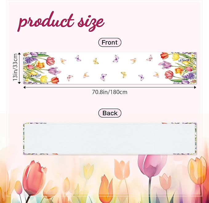 Tulips Table Runner, Spring Floral Table Runner 13x72 Inch, Pink Yellow Butterfly Pattern for Kitchen Dining Table, Indoor Outdoor Home Party Decor