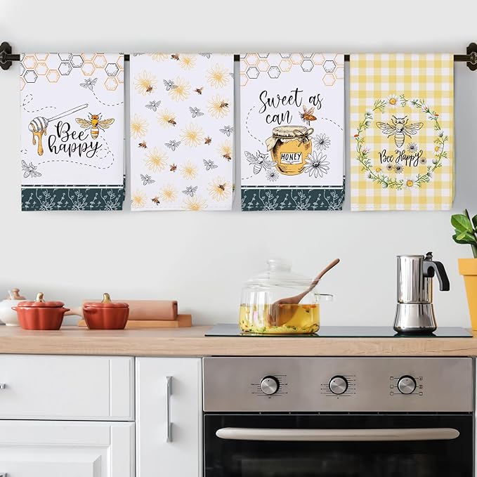 Spring Summer Honeybee Tea Towels, Cotton Kitchen Towel 18.9 × 27.5 inch, Quick Drying Dish Cloth for Party Anniversary Holiday Decoration, Housewarming Gifts for Mom