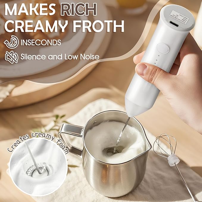 Milk Frother Handheld Rechargeable, Frother Wand Drink Mixer Electric Whisk for Coffee, Detachable With 2 Stainless Whisks, Hand Mixer for Lattes, Matcha, Egg(White)