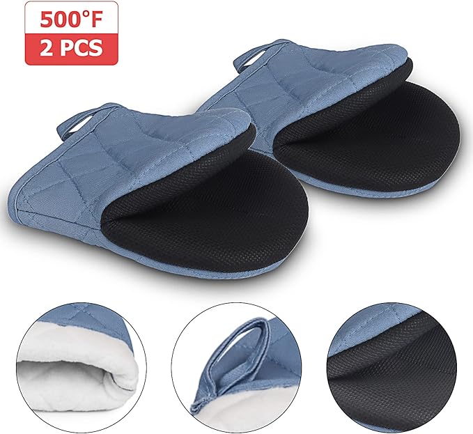 Short Oven Mitts, Heat Resistant 500°F, Silicone Grip Kitchen Gloves, Non-Slip for Baking, Grilling, BBQ, Machine Washable with Hanging Loop, 2-Pack Set, Sky Blue