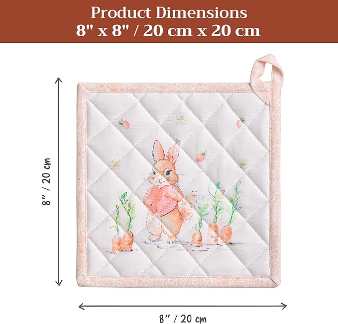 Maison d' Hermine Pot Holders 100% Cotton Heat Resistant Potholders 8" x 8" Hot Pads with Loop BBQ Cooking Baking Gifts for Mothers Day Handling Hot Pans Spring/Summer (Pack of 2, Bunny Party)