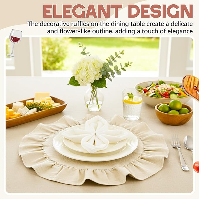4 Pcs 15 Inch 100% Cotton Scalloped Round Placemats, Thin White Place Mats with Ruffle, Washable Placemats Table Mats for Kitchen Dining Holiday Gatherings Decor