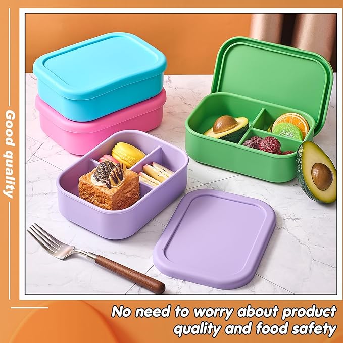 Layhit 4 Pcs Silicone Bento Box for Adults, 27 oz Bento Lunch Container Reusable 3 Compartment Lunchable Food Container for Women Men, Leak Proof Microwave Dishwasher Freezer Safe (Bright Colors)