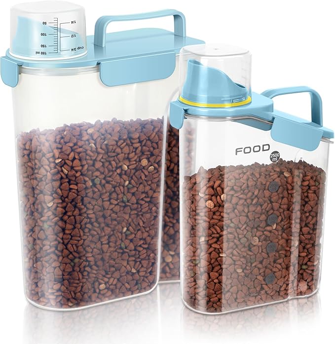 LEAWALK Dog Food Storage Container, Upgraded Large Nozzle BPA-free, 3-5 LBS Plastic Pet Food Storage Containers, With 4 Sealed Clasps, 1 Measuring Cup and Handle (Bright blue-A)