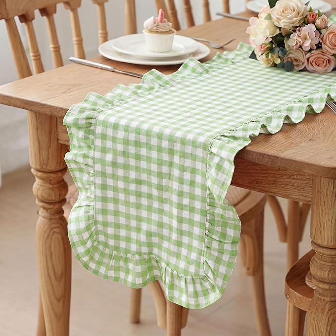 HunnmingRe 1 Pcs Light Green Plaid Gingham Ruffle Table Runner 72 x 13.8'' Farmhouse Easter Table Runner 100% Cotton Scalloped Long Dresser Scarves for Dining Room, Wedding, Kitchen Rustic Home Decor