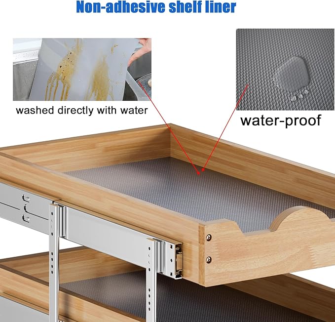 DINDON 3 Tier Pull Out Cabinet Organizer 11” W X21” D Slide Out Wood Drawer With Shelf Liner For Kitchen Pantry Organization