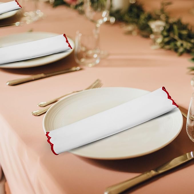 Ridhi Cloth Napkins 100% Pure Cotton Farmhouse Wedding Dinner Napkins Gift for Spring, Easter, Valentine, Holiday, Everyday Napkin (4-18" x 18" White with Red Edge)
