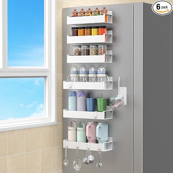 HuggieGems Magnetic Water Bottle Holder for Refrigerator, Cup Holder Organizer for Stanley and Tumbler for Kitchen, 6 Pack, White