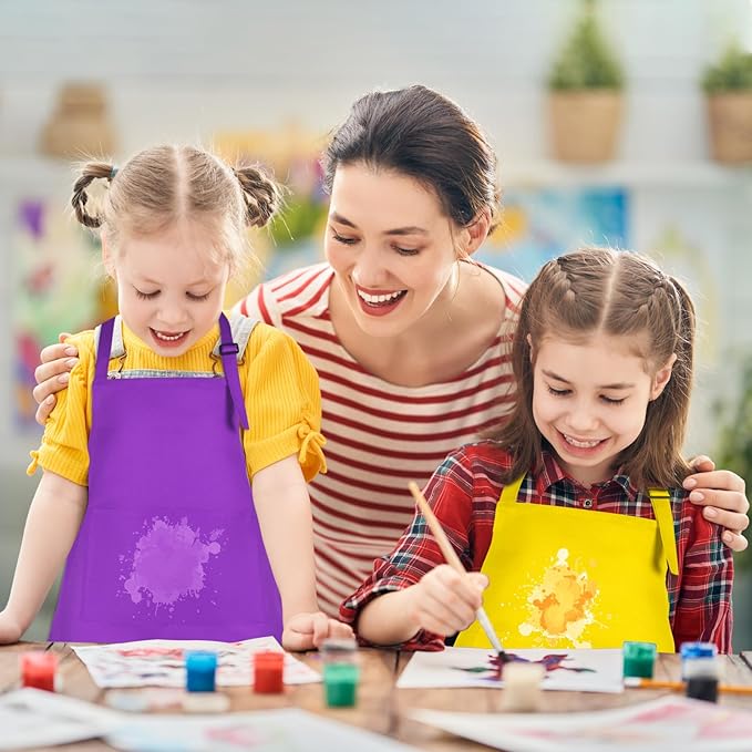 12 Pack Kids Apron bulk with 2 Pockets Adjustable Chef Art Apron Kids Painting Aprons for Cooking Baking Painting Crafting Grilling Activity（12 Color）
