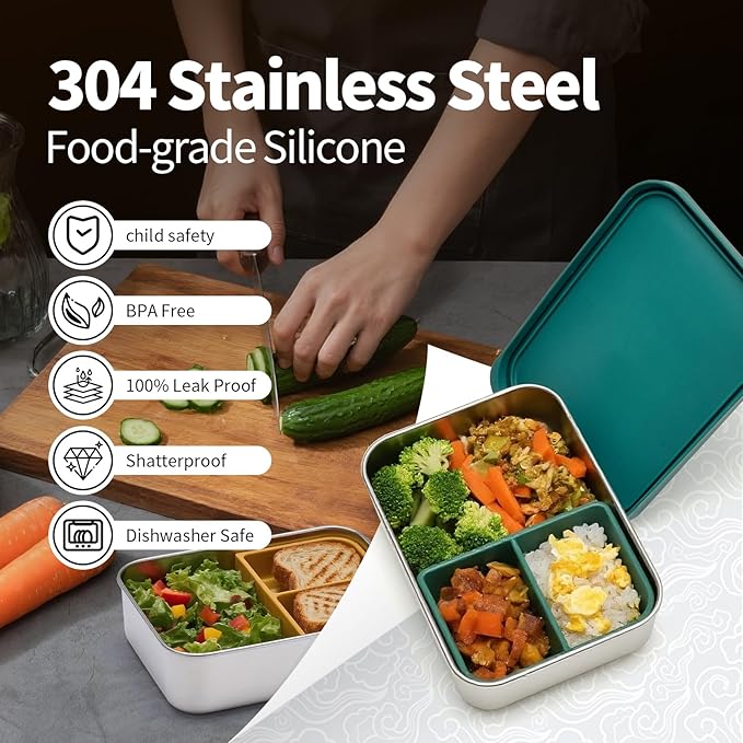 Stainless Steel Bento Box for Kids Adults, Toddler Lunch Box Containers with Silicone Lid,Removable 3 Compartment Design,Leakproof Snack Container, BPA Free, Dishwasher Safe-(1200ml,Pink)