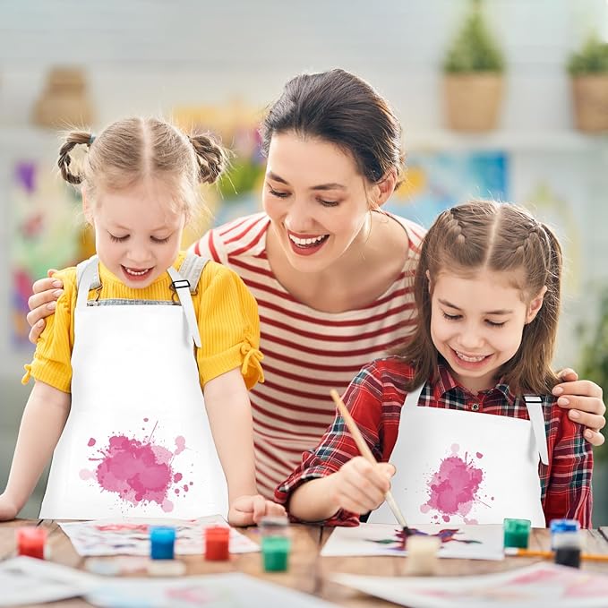 12 Pack Kids Apron bulk with 2 Pockets Adjustable Chef Art Apron Kids Painting Aprons for Cooking Baking Painting Crafting Grilling Activity（White）