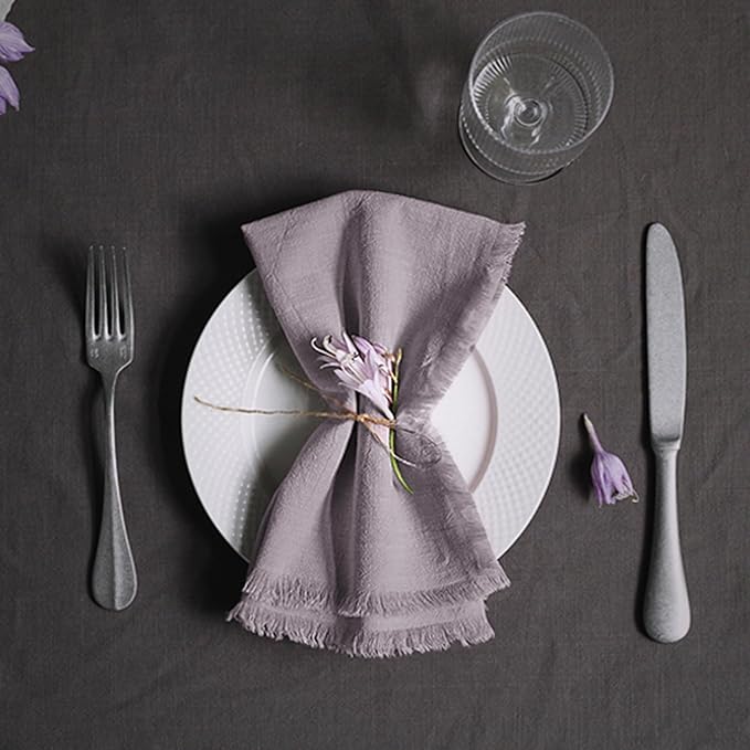 Handmade Cloth Napkins 100% Cotton with Fringe，Delicate Napkins for Dinners, Parties, Weddings and More，18 x 18 Inch Set of 4 - Lavender