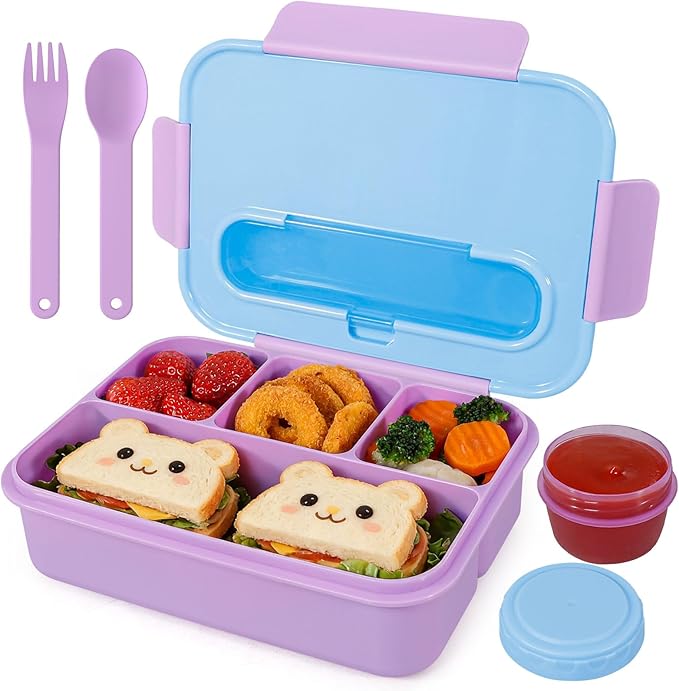 Caperci Bento Box for Kids - 50oz Larger Lunch Box Containers for Kids, Reinforced Leakproof, Built-in Sauce Cup, Utensils, 4 Compartments, BPA-Free Microwave & Dishwasher Safe (Lavender Pop)
