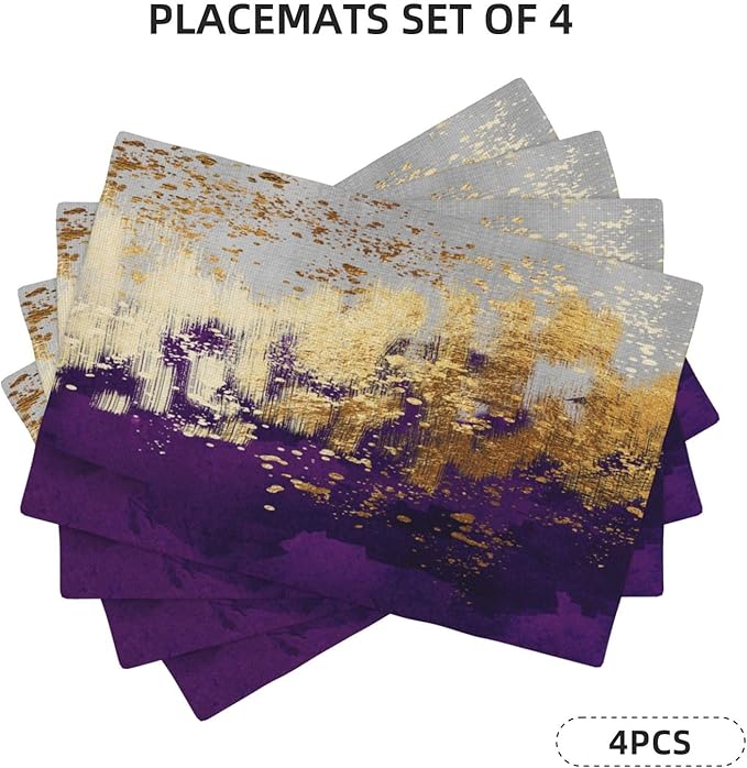 Purple Gold Abstract Linen Placemats Set of 4, Heat Resistant Wipeable Purple Place Mats for Kitchen Dining Table Holiday Wedding Party Outdoor Farmhouse Gardening, Kitchen Home Decor, 12 x 18 Inch