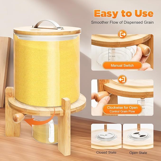 Rice Dispenser, 5L Glass Rice Container Cereal Container with Bamboo Stand Large Food Storage Container Flour Organization with Airtight Lid & Measuring Cup for Grain Legumes (5L)