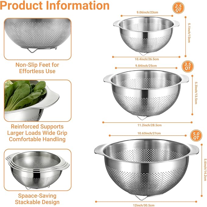 Colanders & Food Strainers,304 Stainless Steel Colander,3 Pcs Kitchen Strainers(2.5QT, 3.5QT, 5QT) for Pasta, Rice, Vegetables,Dishwasher Safe Metal Colander with Handles,Kitchen Gift