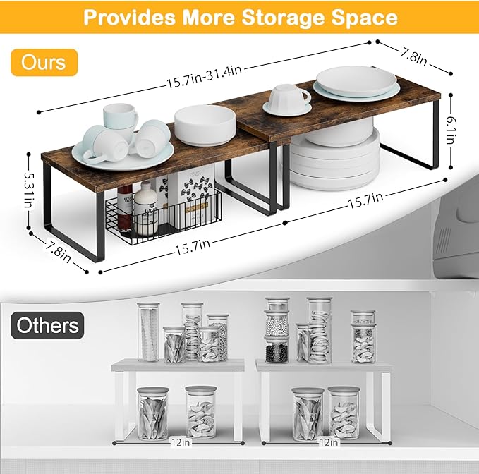 OGEMXU Cabinet Shelf Organizers, 15.7 inches Large Kitchen Counter Shelf, Set of 4 Wood Kitchen Pantry Organizer, Storage Shelves for Countertop, Spice Rack, Stackable, Expandable, Metal Black, Brown