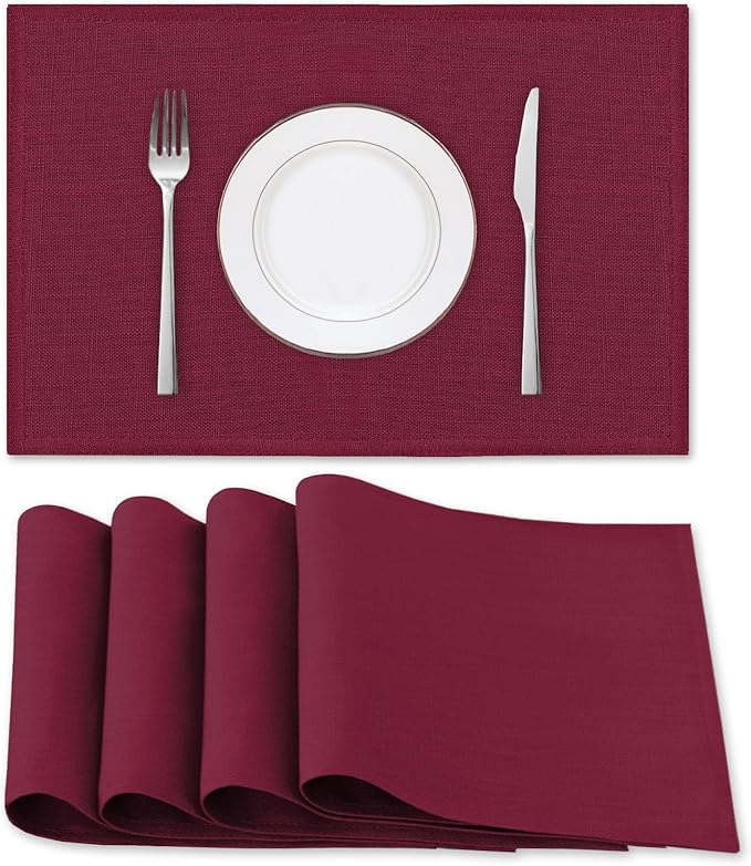 H.VERSAILTEX Linen Placemats Set of 4 Premium Solid Table Mats for Dining Table Spill-Proof Waterproof Heat-Resistant Kitchen Mats Washable, 12x18 inches, Christmas Red
