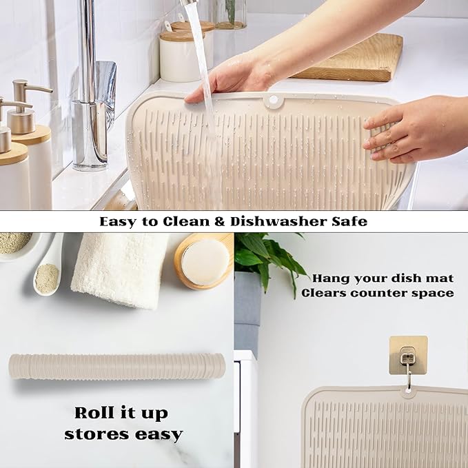 ZLR Large Silicone Dish Drying Mat (16" x 18") - XL Heavy Duty Drainboard Mat for Pots, Pans & Family Loads - Heat Resistant Trivet & Counter Protector, Easy Clean (Cassava White)