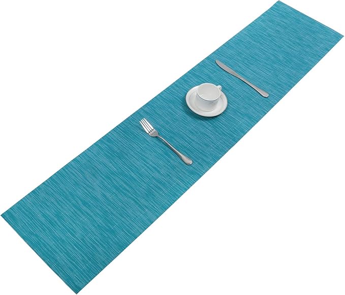 SHACOS Woven Vinyl Table Runner Indoor Outdoor 12x54 inch Kitchen Dining Table Runners Wipe Clean Washable PVC Table Runner, Teal Blue