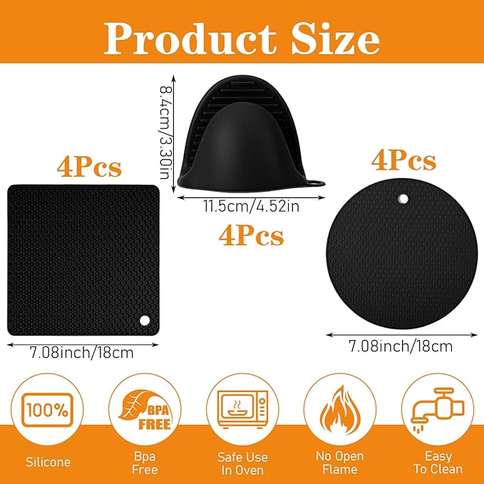 12 Pack Silicone Trivet Mats Hot Pads with Silicone Oven Mitts Non Slip Pot Holders Heat Resistant Trivet Pads Cooking for Kitchen Counter Table Placemats (Black)