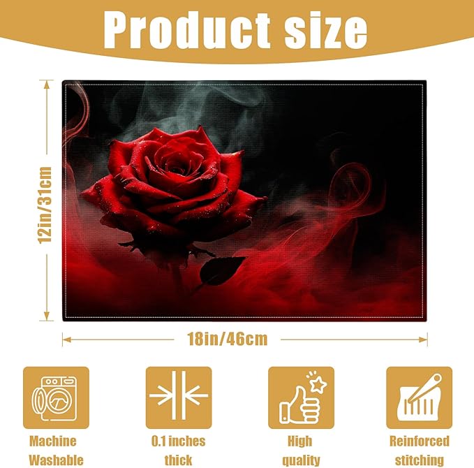 Red Rose Placemats Set of 6, Vintage Flower Linen Place Mat Washable Stain Resistant Table Mats for Farmhouse Kitchen Dining Holiday Party Wedding Decor 12x18 Inch