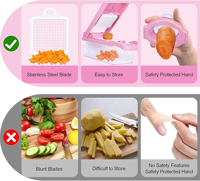 16-in-1 Vegetable Chopper & Mandoline Slicer with Container, Multifunctional Food Chopper, Onion Dicer & Grater for Potato, Carrot, Garlic and Salad, Kitchen Gadgets & Essentials (Pink)
