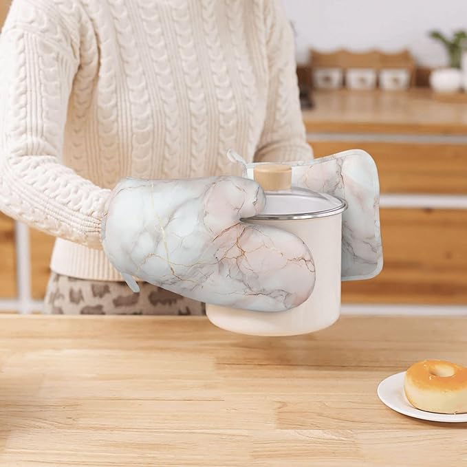 Oven Mitts and Pot Holders Pastel White Pink Marble Silicone Kitchen Accessories Set of 2 Heat Resistant Long Gloves Potholder Non-Slip Grip for Chef Cooking,Baking,Grilling,BBQ