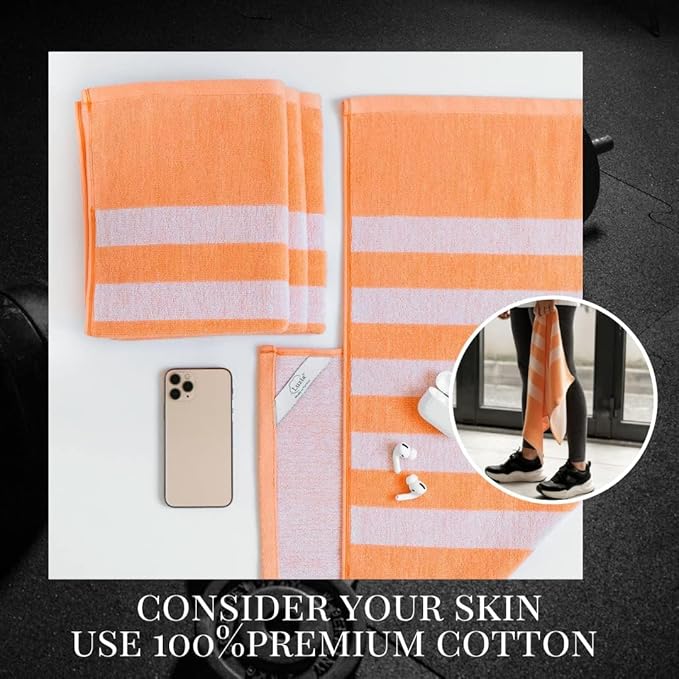 Luzia Striped Workout Towel for Sweat (Pack of 2) - Premium Quality 100% Turkish Cotton - Lightweight and Super Absorbent for Exercise, Sports, Workout, Fitness, Gym, Yoga, Running (Orange)