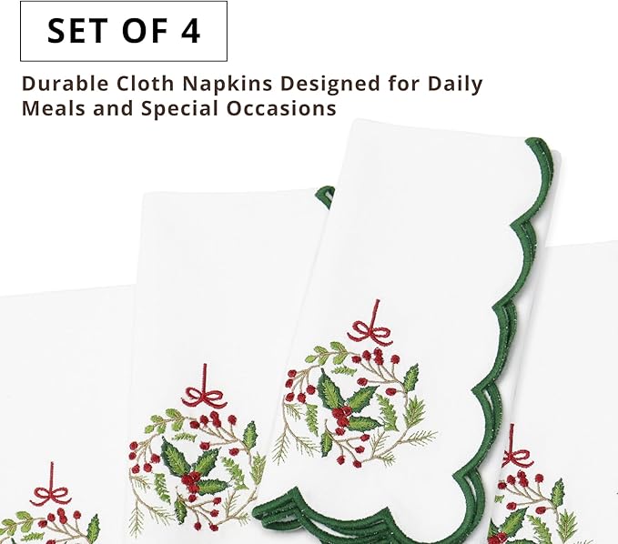 PurpleEssences Scalloped Embroidery Cloth Napkins - Spring Easter Summer - Table Decor - 100% Cotton - Set of 4-18x18 inch - White - Edges - Forest Green - Christmas Wreath