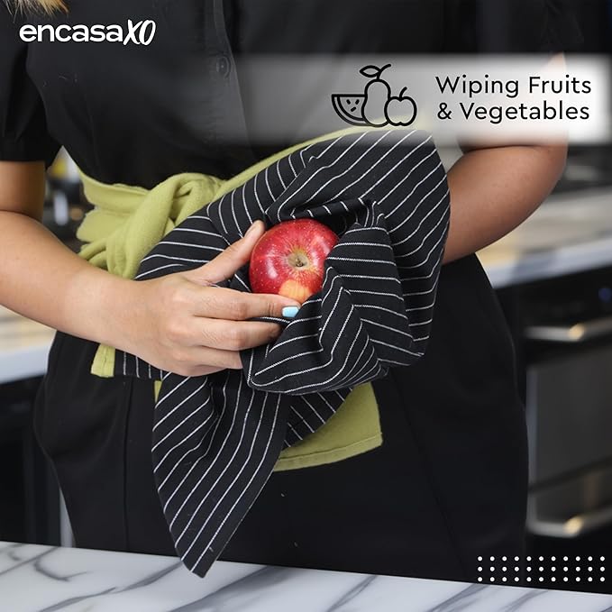 Encasa XO Cotton Kitchen Towel Set | Hand and Tea Cloth for Cleaning & Quick Drying, X-Large 28"x18" (Pack of 12) Highly Absorbent - Butcher Black