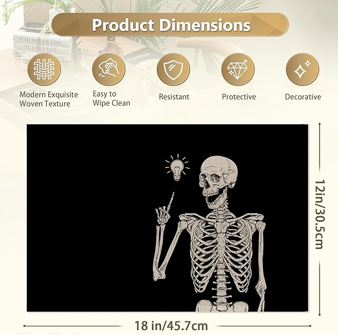 Funny Skull Skeleton Placemats Set of 6 Linen Washable, Heat-Resistant 12x18 Inch Table Place Mats for Kitchen Dining for Home Party Holidays