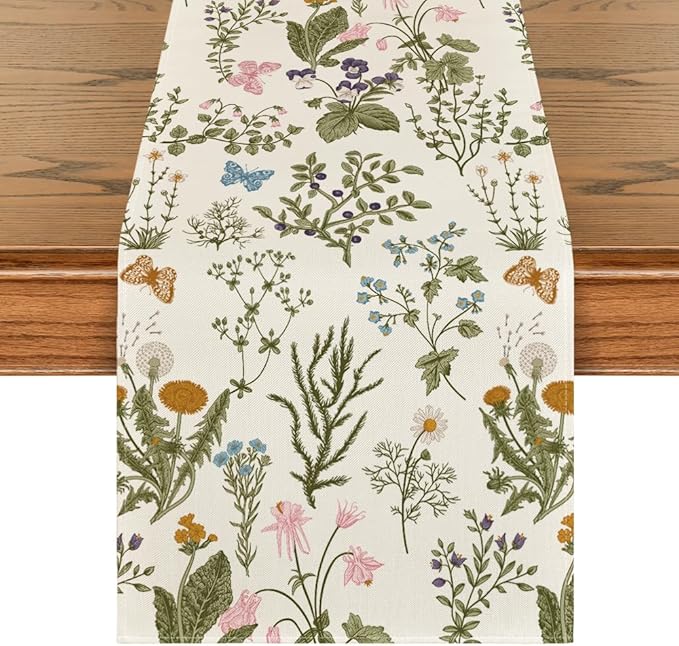 Artoid Mode Wildflowers Floral Spring Table Runner, Butterfly Seasonal Summer Kitchen Dining Table Decoration for Home Party Decor 13x60 Inch