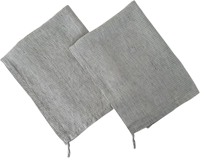 Eight Owls Stonewashed Linen Kitchen Dish Towels - 20 x 27 inch – 100% Pure Linen Tea Towel/Hand Towel - Set of 2 (Black Pinstripe)