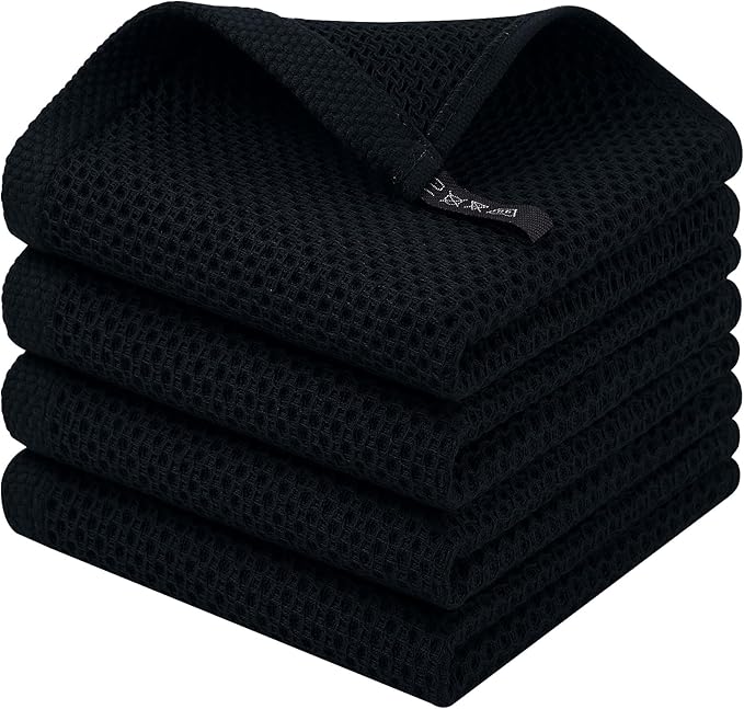 Homaxy 100% Cotton Waffle Weave Kitchen Dish Cloths, 4-Pack Ultra Soft Absorbent Dish Towels, Quick Drying Dish Rags, 12 x 12 Inches, Black