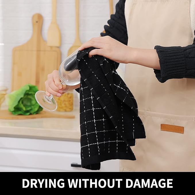 Homaxy 100% Cotton Terry Kitchen Towels(Black, 13 x 28 inches), Checkered Designed, Soft and Super Absorbent Dish Towels, 2 Pack