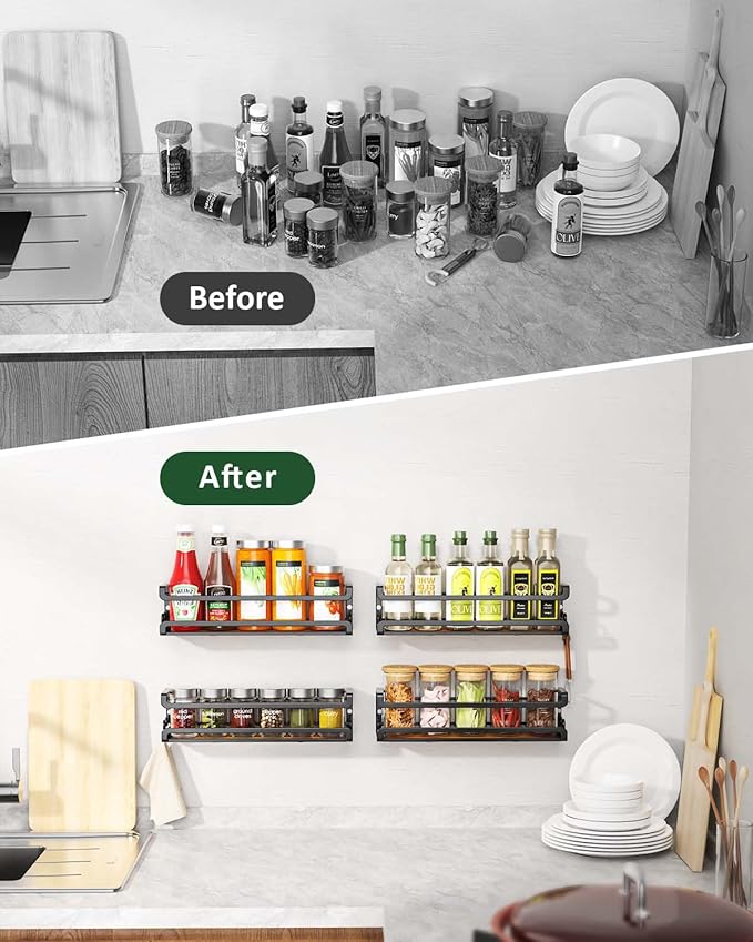 Doakhirmit Wall Mounted Spice Rack with 16 Hooks, Rustic Wood Spice Organizer Shelf for Stove Cabinet Pantry Door,Screw or Adhesive Hanging Spice Shelf,Wall Spice Rack in Kitchen and RV,4 Pack